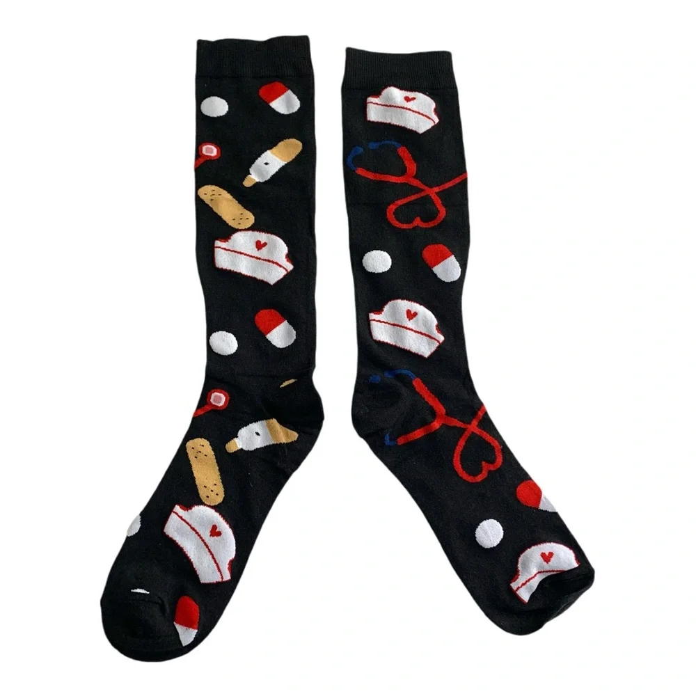 Women’s Novelty Nurse Themed Black Socks Shoe Size 7-9 Healthcare Worker RN